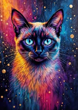 Colorful Cat Portrait with Cosmic Background