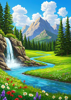 Lush Mountain Landscape with Waterfall