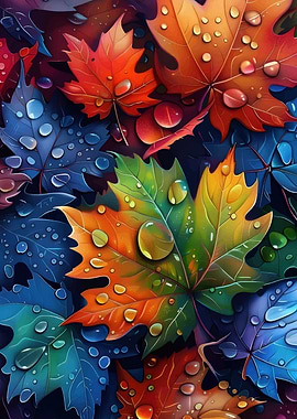 Colorful Autumn Leaves with Water Droplets