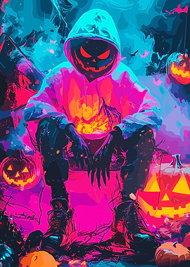 Cyberpunk Halloween Pumpkin Hooded Reaper – Neon Glowing Jack-o’-Lantern Horror Art