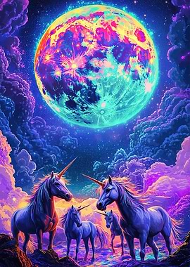 Unicorns under a colorful moon