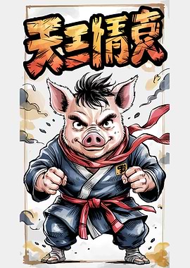 Cartoon Pig Martial Artist Illustration