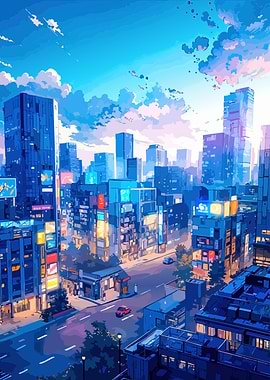 Anime-Style Cityscape with Blue Tones