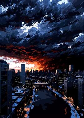 Cityscape under a stormy sky