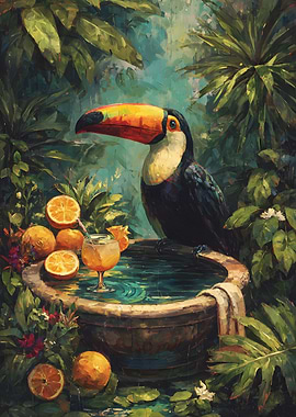 Toucan with Orange Drink in Jungle