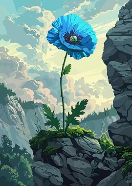 Blue Poppy on Rocky Cliff