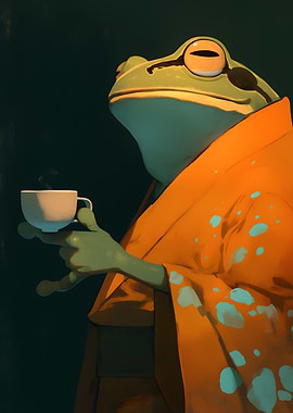 Frog in Kimono Drinking Tea