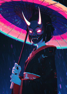 Oni Mask Girl with Umbrella