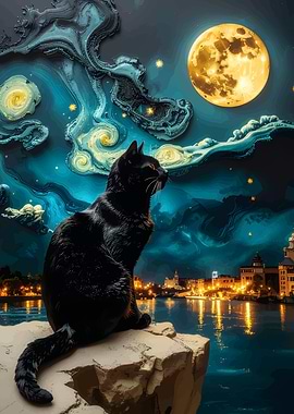 Black cat under starry night sky