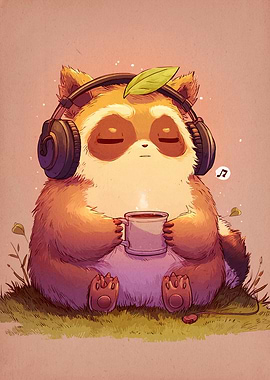 Relaxing Raccoon with Headphones and Coffee