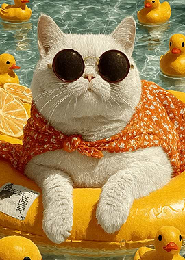 Cat on Float with Ducks