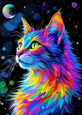 Colorful Cat Portrait in Space