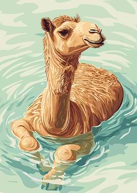 Camel swimming in water illustration