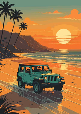 Jeep on Beach at Sunset