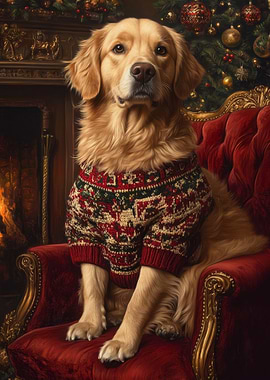Golden Retriever Christmas Portrait | | Warm Christmas Dog Art