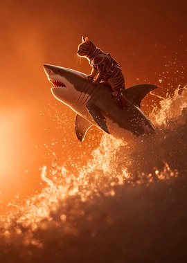 Cat riding shark cresting fiery sunset wave