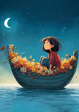 Girl in Flower Boat Under Moon