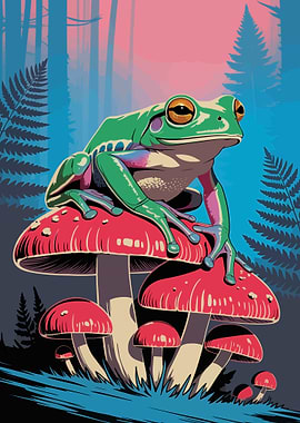 Frog on Mushrooms in Forest Illustration