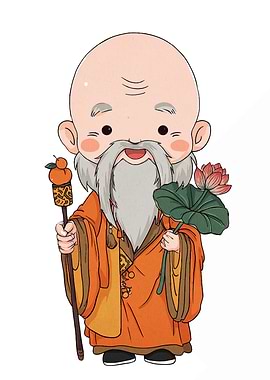Cartoon Asian Sage with Lotus Flower