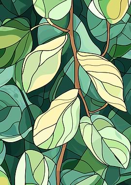 Green Leaves Stained Glass Style Art