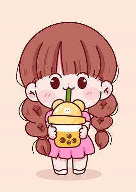 Cute Girl Drinking Bubble Tea Cartoon