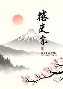 Japanese Mountain Landscape with Cherry Blossoms