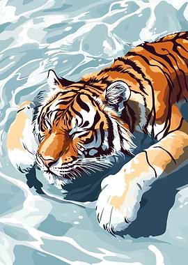 Tiger Swimming in Water Illustration