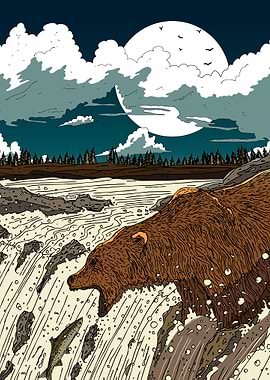 Bear catching salmon in river illustration