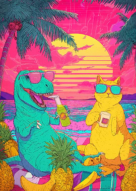 Dino Cat Beach Vacation