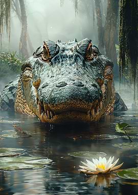 Alligator in Swamp with Lily Pad