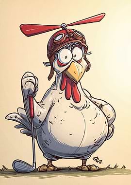 Cartoon Chicken Golfer with Propeller Hat