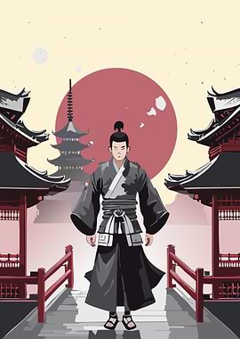 Japanese Warrior on Bridge Illustration