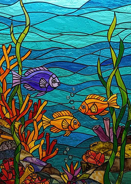 Stained Glass Underwater Scene with Fish