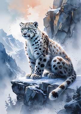 Snow Leopard on Mountain Peak