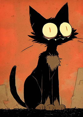 Cartoon Black Cat with Orange Background