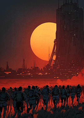 Dystopian Cityscape with Running Figures