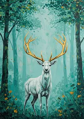 Golden Antlered Deer in Teal Forest