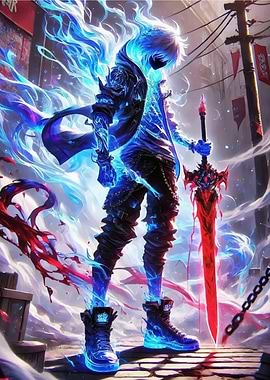 Mystical Warrior with Fiery Sword