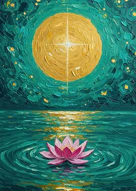 Lotus Flower Under Golden Moon Painting