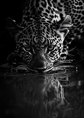 Leopard Drinking Water Black and White