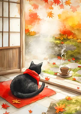 Autumn Cat with Tea Watercolor