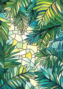 Tropical Palm Leaves Stained Glass Style