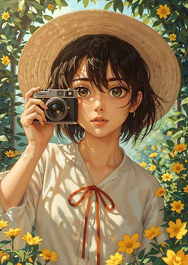 Anime Girl with Camera in Garden