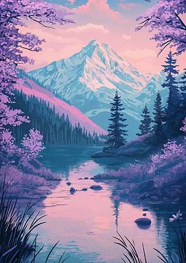 Pastel Mountain Lake Landscape Painting
