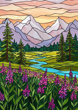 Stained Glass Mountain Landscape
