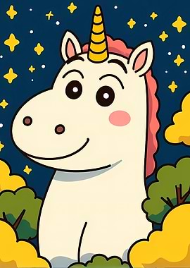 Cartoon Unicorn in Starry Night