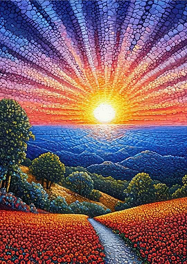 Vibrant Landscape with Sunset and Flowers