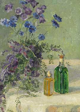 Floral Still Life with Bottles Painting