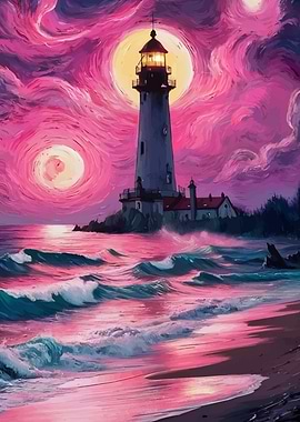 Lighthouse at Sunset Painting