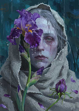 Mysterious Floral Shroud: Gaunt Figure Veiled by Dark Passion Flower